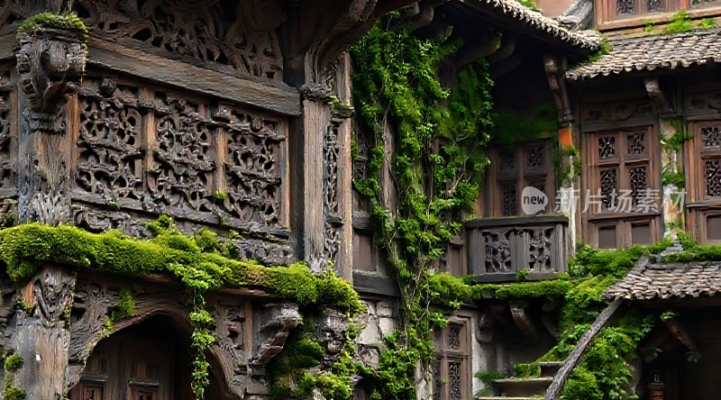 古木藤蔓缠绕的神秘建筑