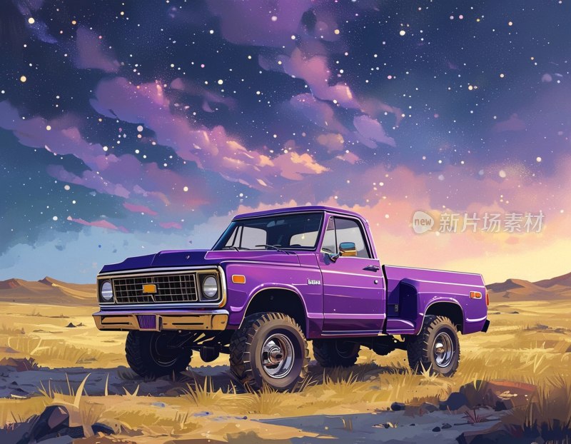 紫色皮卡车星空夜