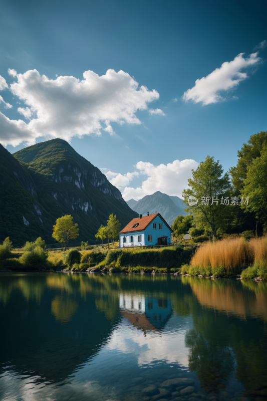 湖畔一座房子山脉高清风景图片