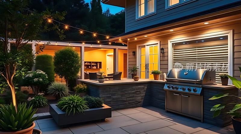 温馨夜晚户外烧烤聚会场景