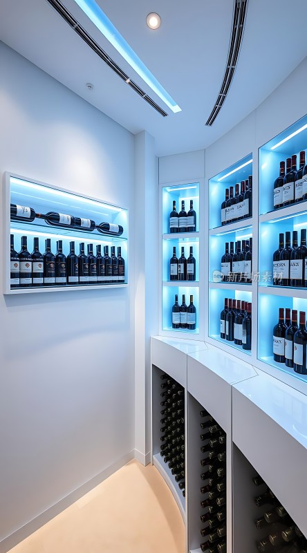现代酒窖灯光璀璨展示着各种红酒