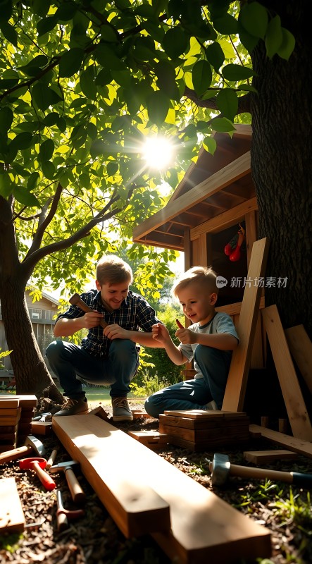 父子合力建造树屋阳光下的温馨时刻
