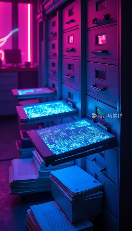未来科技档案室文件柜中闪烁着数据流