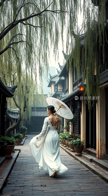 古风白裙佳人撑伞漫步青石板路