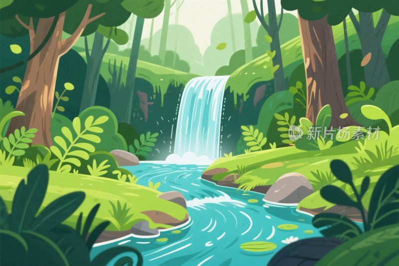 森林瀑布插画场景