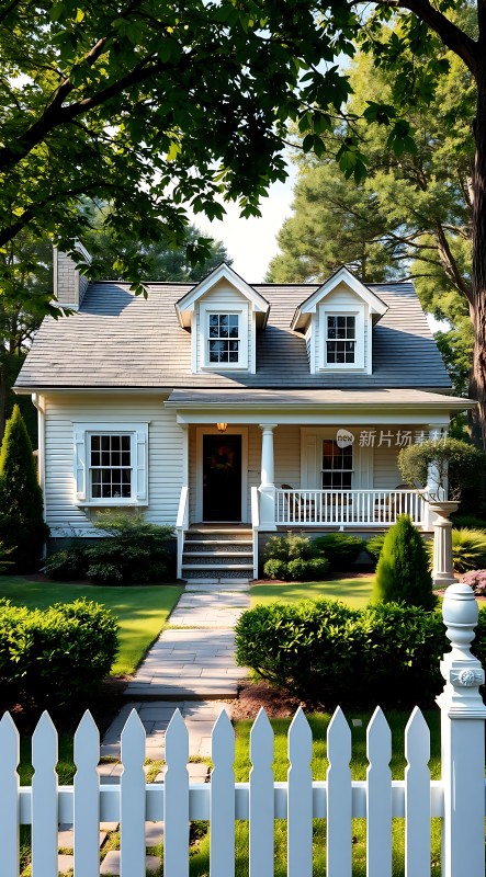 白色小屋绿树环绕宁静家园