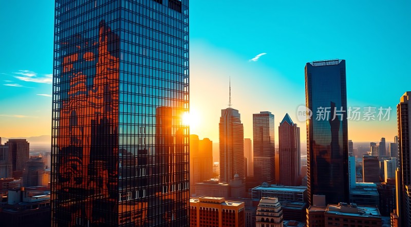 城市日出摩天大楼映日光辉