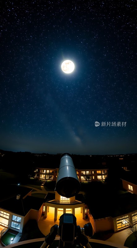 夜空下的望远镜与满月