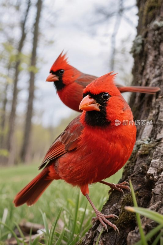 两只红雀栖息在树旁