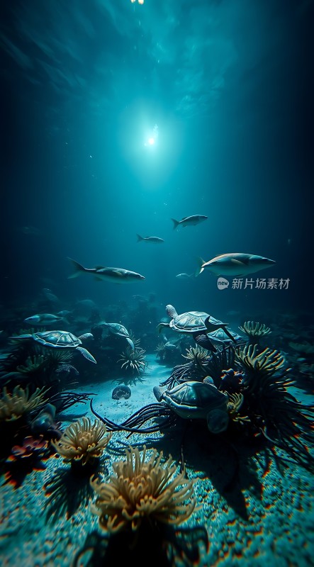 深海秘境海龟与鱼儿共舞