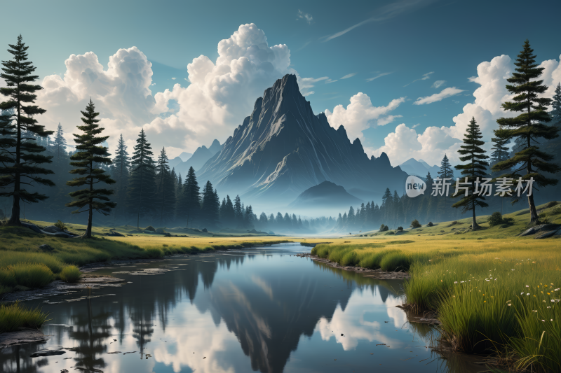 一座山山中间一个湖高清风景插画图片