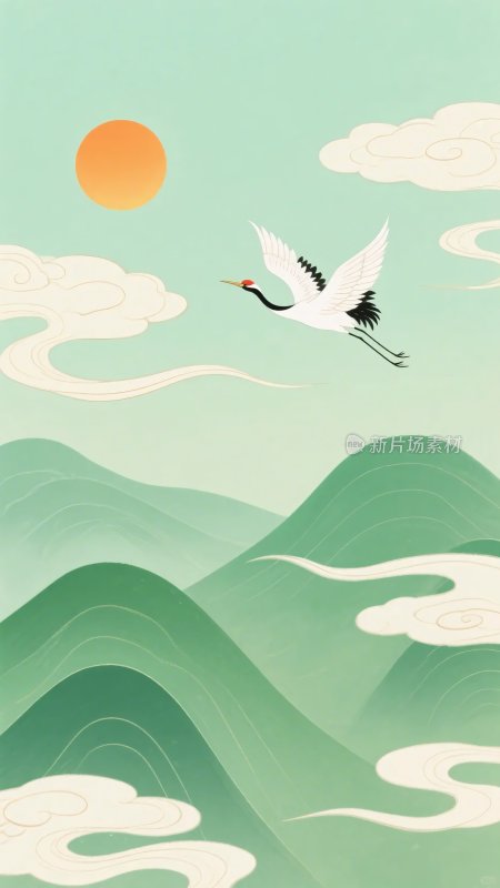 飞鹤伴日的中式山水图景