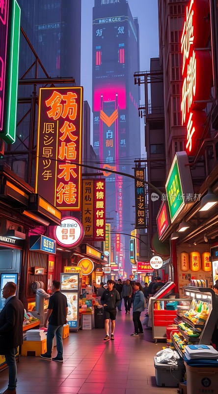霓虹灯下的繁华街头夜市喧嚣
