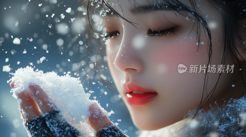 冬日美女冬天下雪捧着雪花中国风唯美