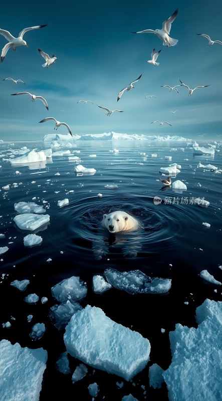 北极熊与海鸥共舞冰封海域