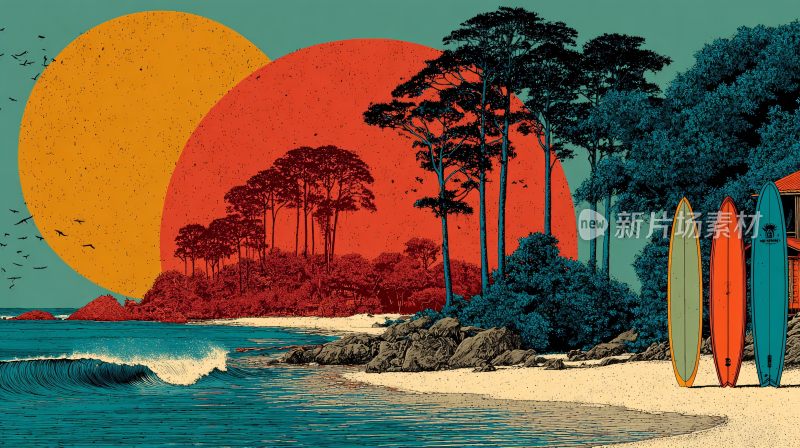 海边日落与冲浪板风景插画