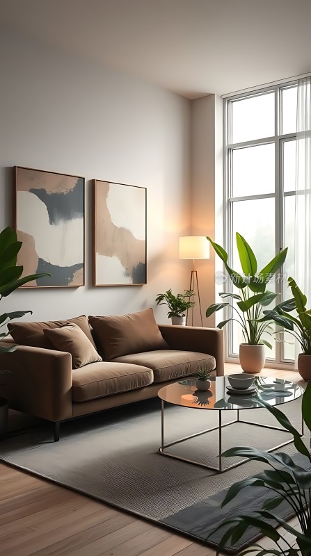 现代简约客厅绿植环绕艺术画作点缀温馨舒适