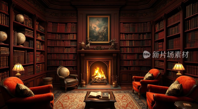 古董书房里的温暖壁炉与书架