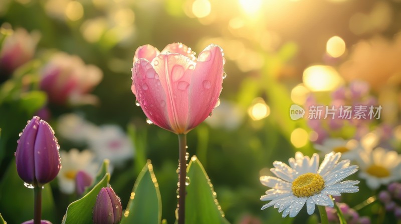 春天春日晨曦中的郁金香小雏菊鲜花