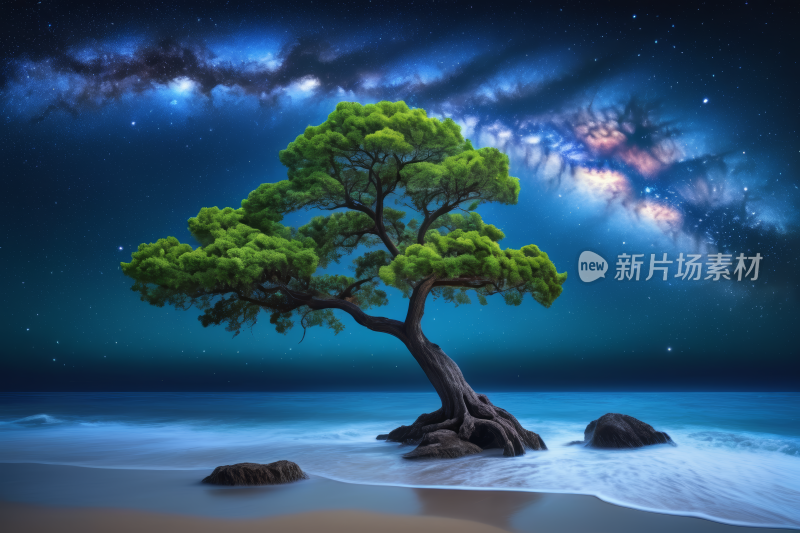 星空夜空海滩上一棵孤树高清风景风光图片