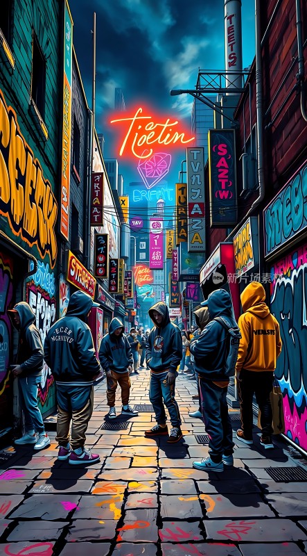 霓虹灯下的街头聚会