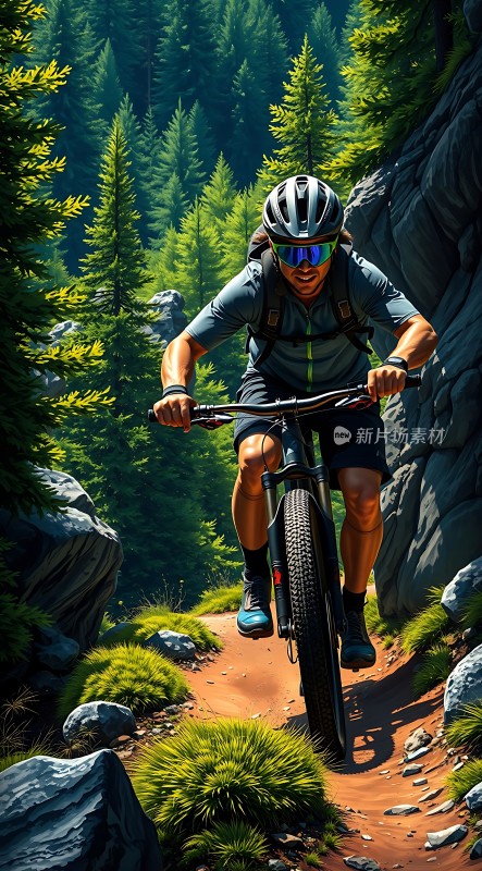 骑行者穿越绿色森林小径