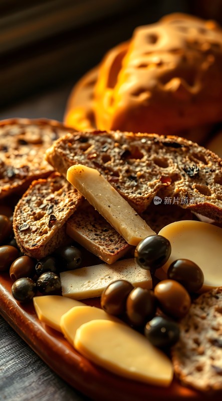 阳光下的美味拼盘奶酪、面包与橄榄