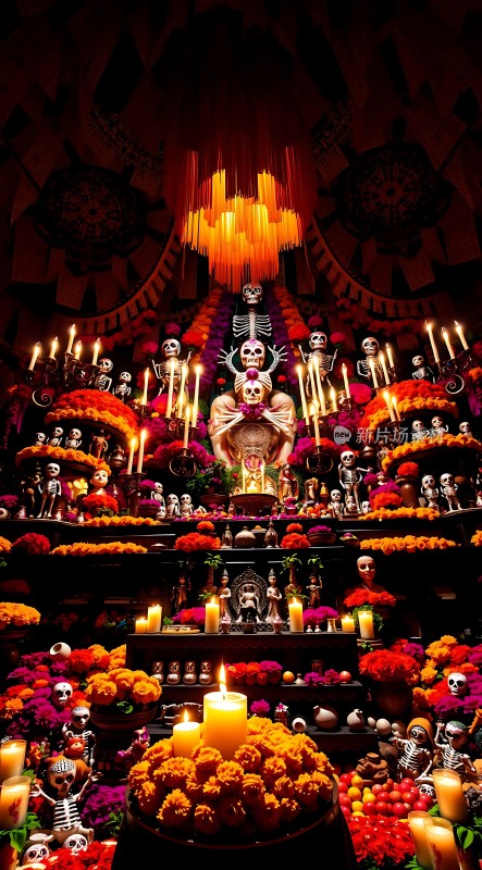 万圣节祭坛骷髅与鲜花共舞