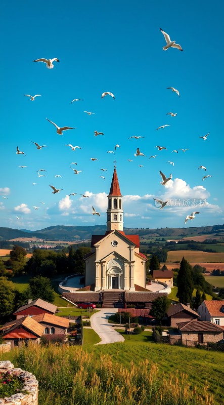 飞翔的海鸥与宁静的小镇教堂
