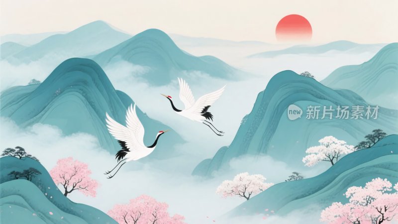 山水间双鹤伴红日飞翔图景