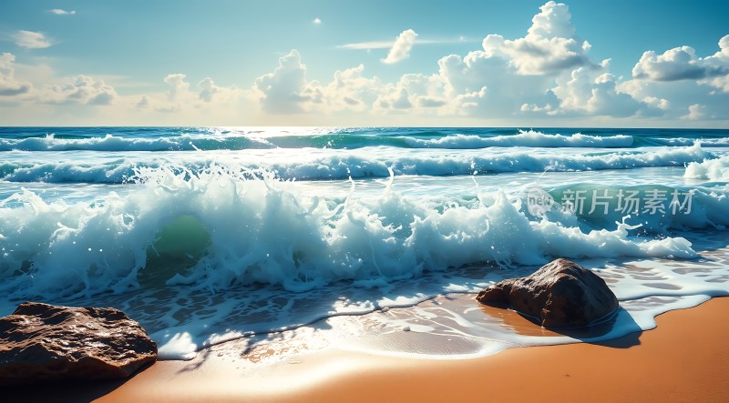 阳光下的海浪轻拍沙滩