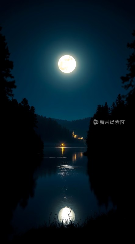 湖畔月影映波光静谧夜色入眼帘