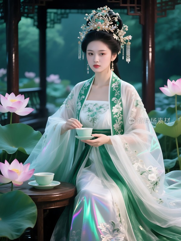 汉服佳人绿荷轻舞茶香四溢