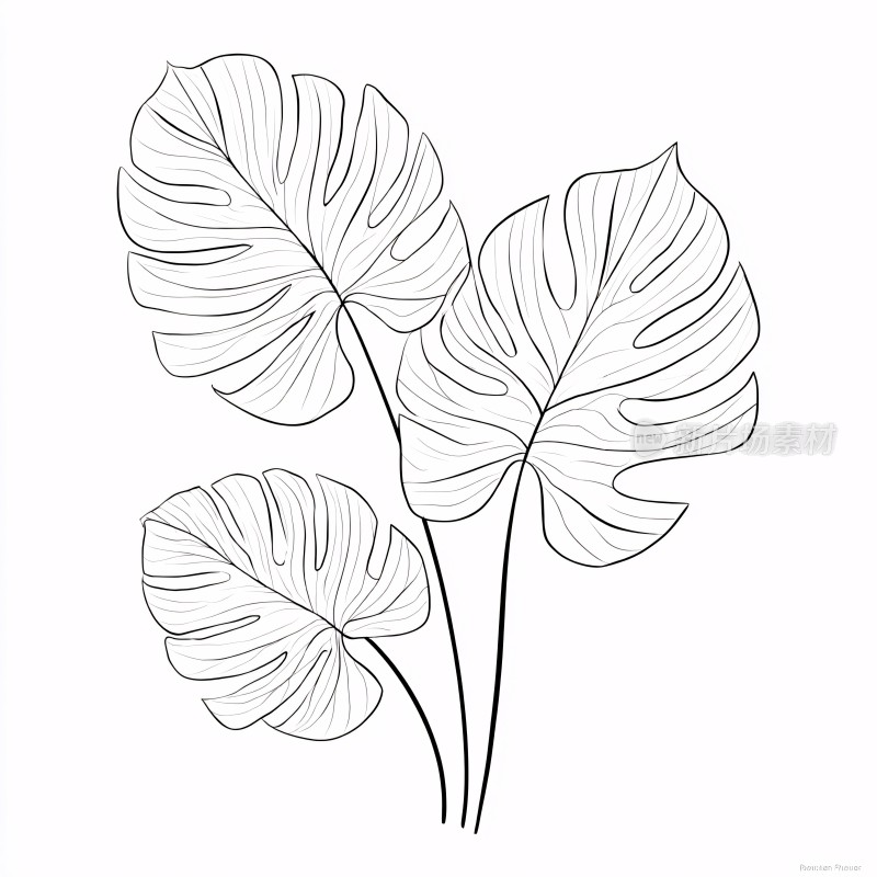 线条勾勒的龟背竹叶插画
