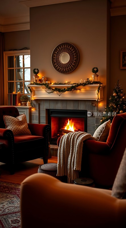 温馨壁炉旁的节日之家