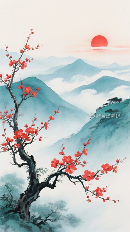 红梅映日山水国画景象