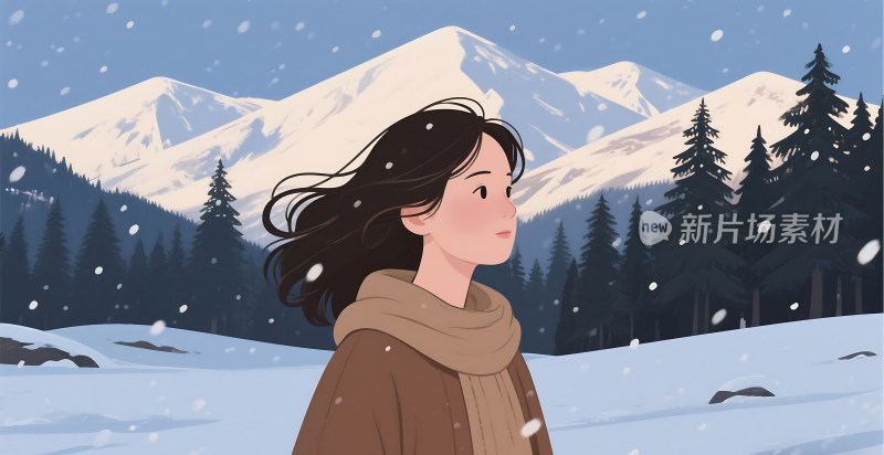 扁平风格冬天雪地里的女孩插画