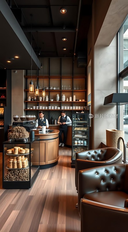 现代咖啡店温馨氛围两位员工忙碌工作木质家具和摆设彰显品质