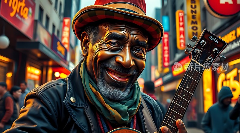 街头乐手吉他声中的城市旋律