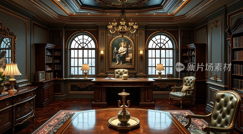 豪华书房古典优雅书架、桌椅、吊灯尽显奢华