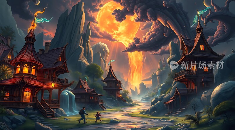 神秘村庄日落奇景