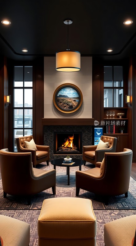 现代客厅设计壁炉、沙发和地毯营造温馨氛围