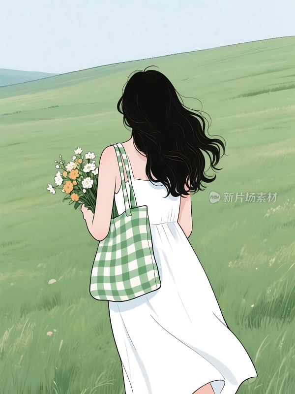 绿裙佳人花海漫步