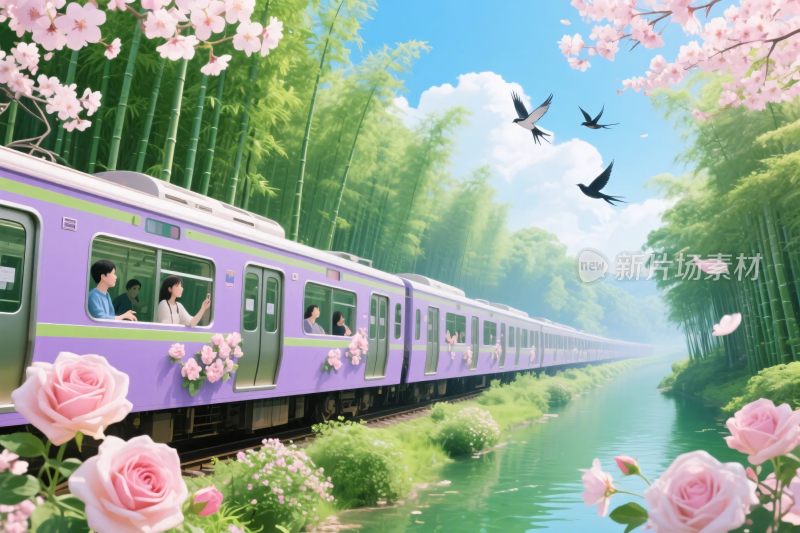 樱花列车风景画