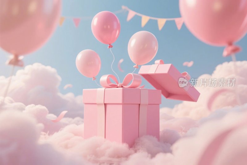 粉色礼盒与气球梦幻插画