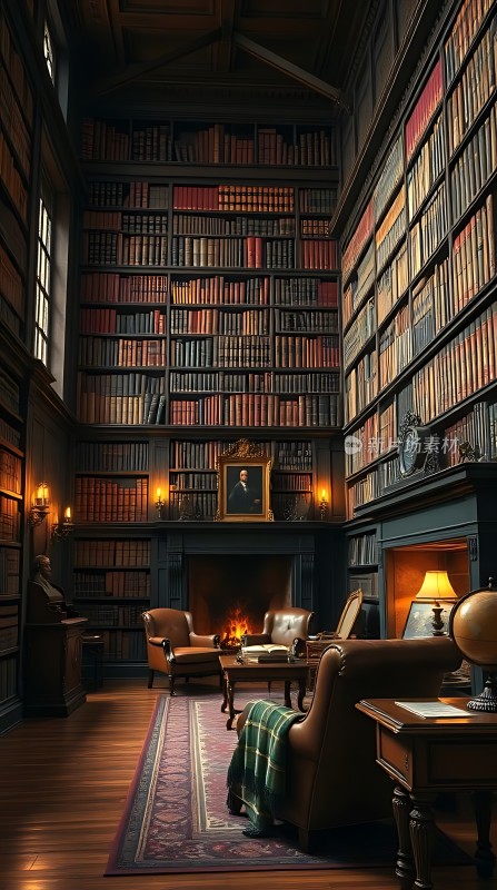 古色古香的书房高耸的书架温暖的壁炉和舒适的座椅