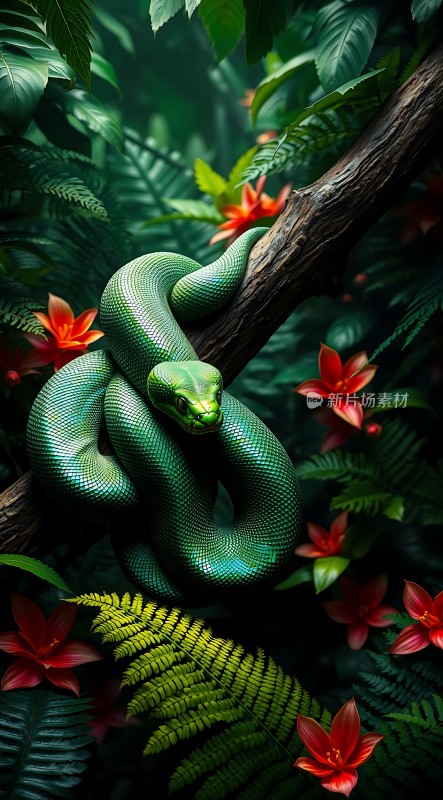 翠绿蛇影藏花间