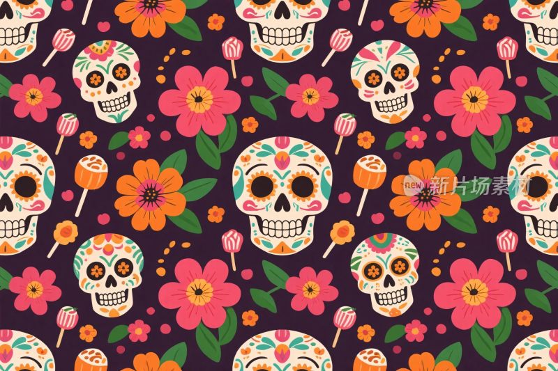 骷髅花卉插画图案
