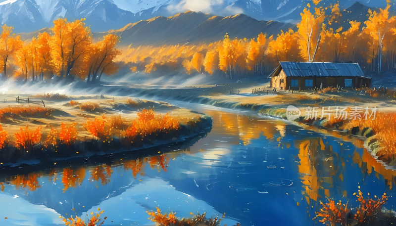 金色秋季的宁静河畔 新疆 秋季 美景