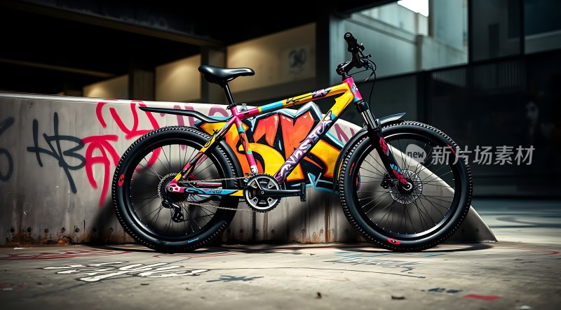 炫彩山地自行车街头涂鸦背景下的骑行艺术